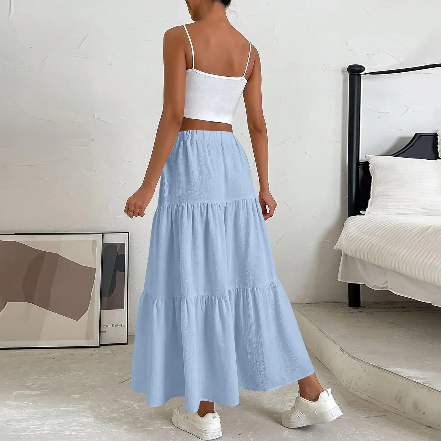 Long Skirts for Women Summer Maxi Skirt Drawstring Elastic High Waisted Layered Tiered A-Line Skirts Swing Skirt