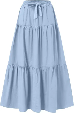 Long Skirts for Women Summer Maxi Skirt Drawstring Elastic High Waisted Layered Tiered A-Line Skirts Swing Skirt