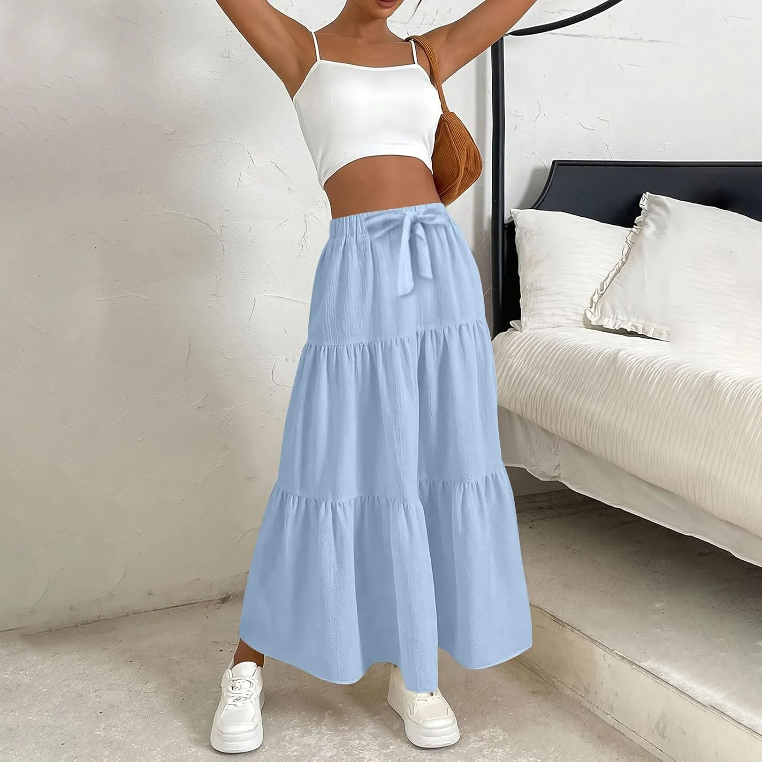 Long Skirts for Women Summer Maxi Skirt Drawstring Elastic High Waisted Layered Tiered A-Line Skirts Swing Skirt