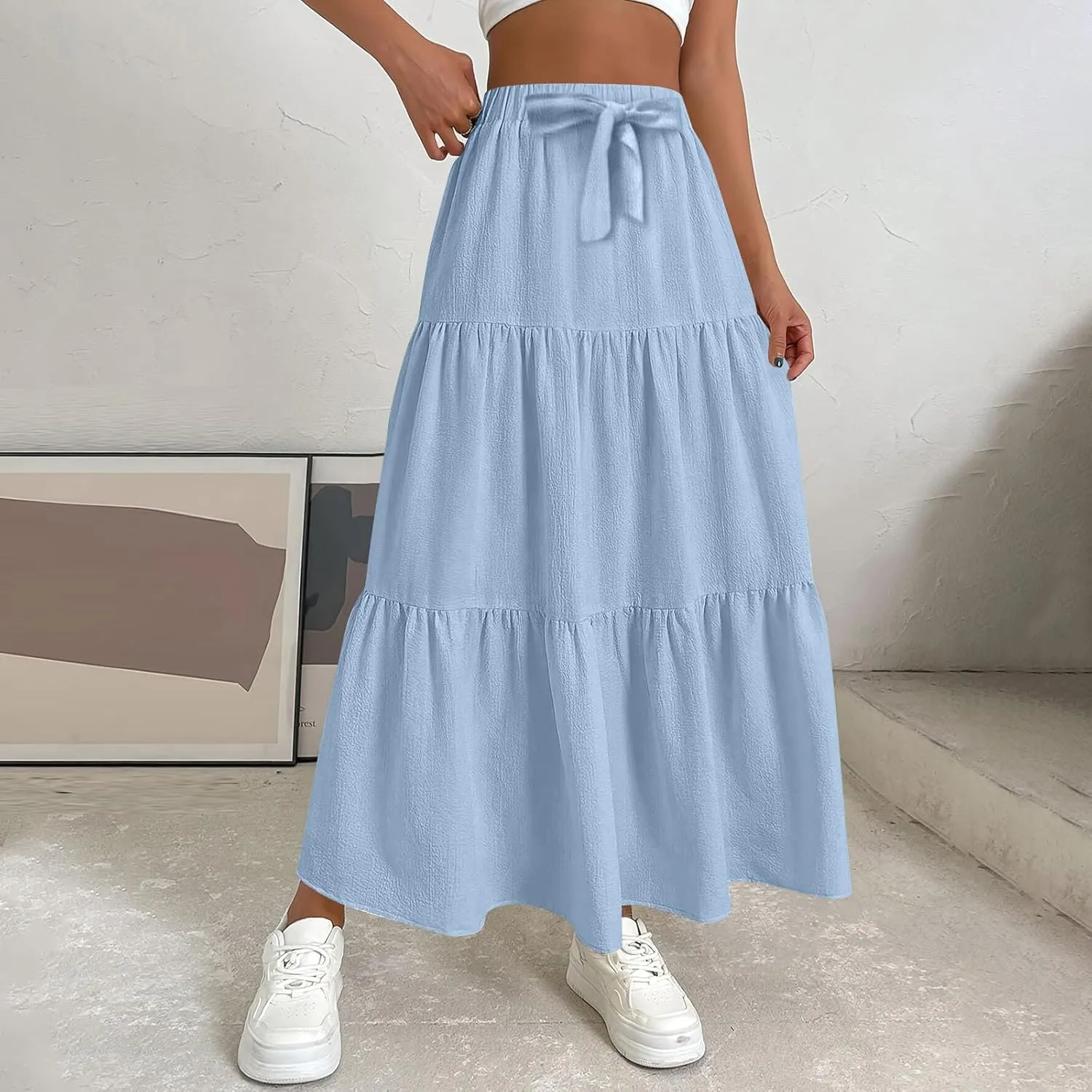 Long Skirts for Women Summer Maxi Skirt Drawstring Elastic High Waisted Layered Tiered A-Line Skirts Swing Skirt