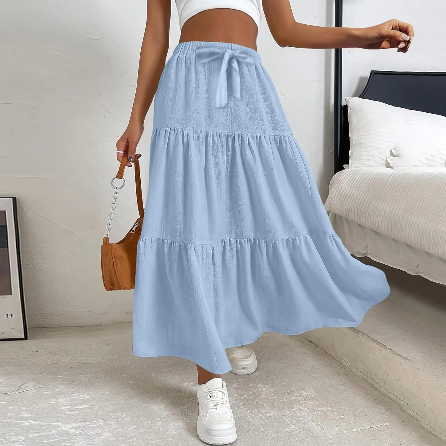 Long Skirts for Women Summer Maxi Skirt Drawstring Elastic High Waisted Layered Tiered A-Line Skirts Swing Skirt