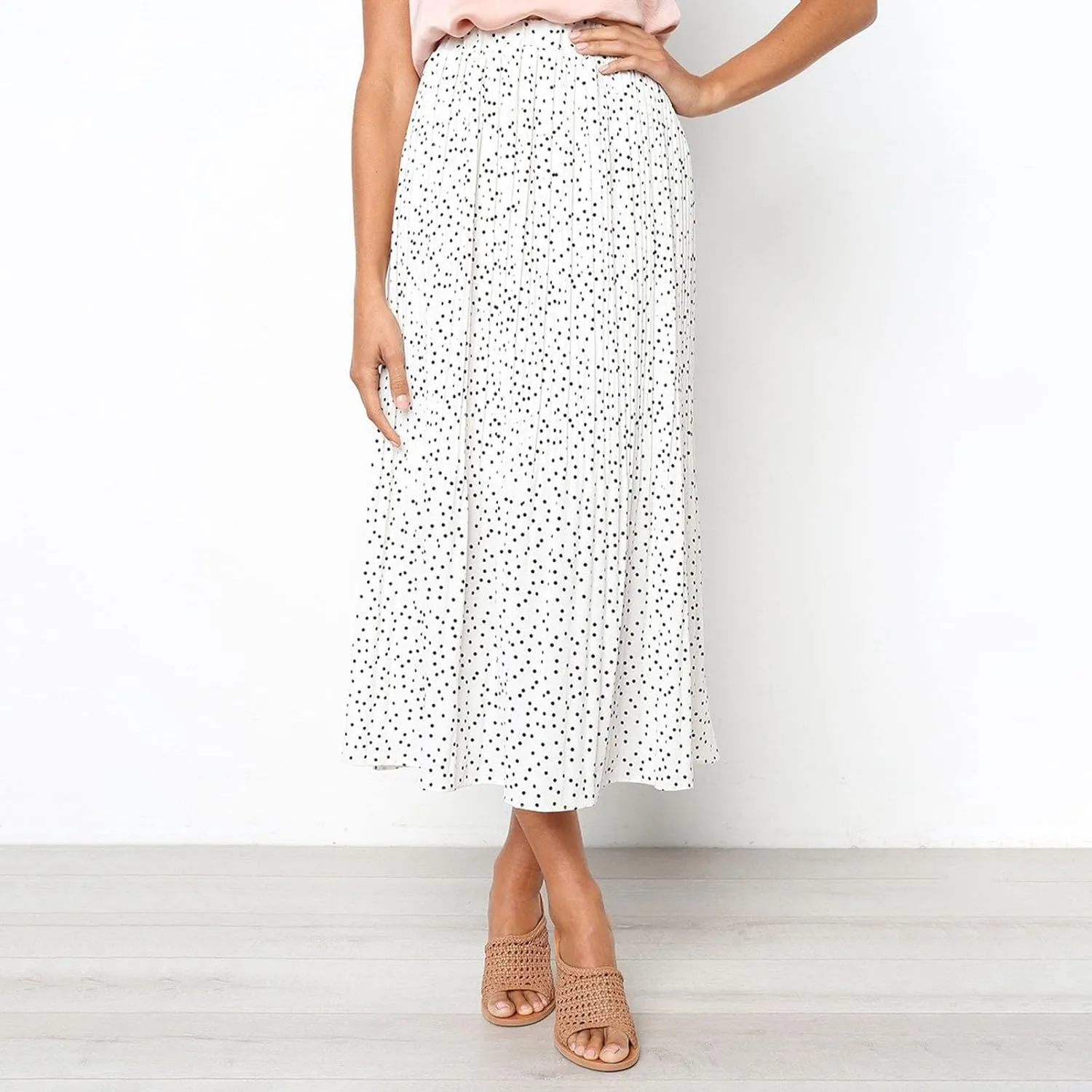 Long Skirts for Women Trendy Summer Boho Flowy Swing A-Line Elastic High Waist Pleated Midi Skirt Dress with Pockets
