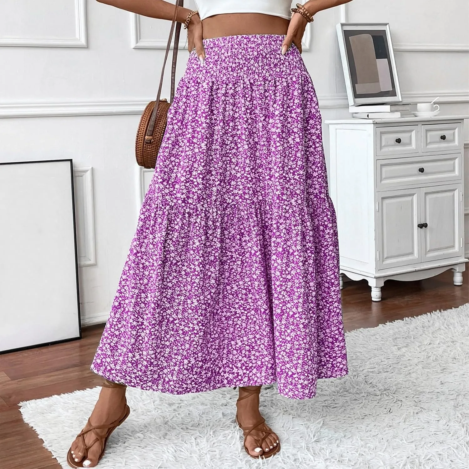 Long Skirts for Women Trendy Summer Flowy Floral Maxi Skirt Lightweight Elastic Smocked High Waisted A Line Skirts