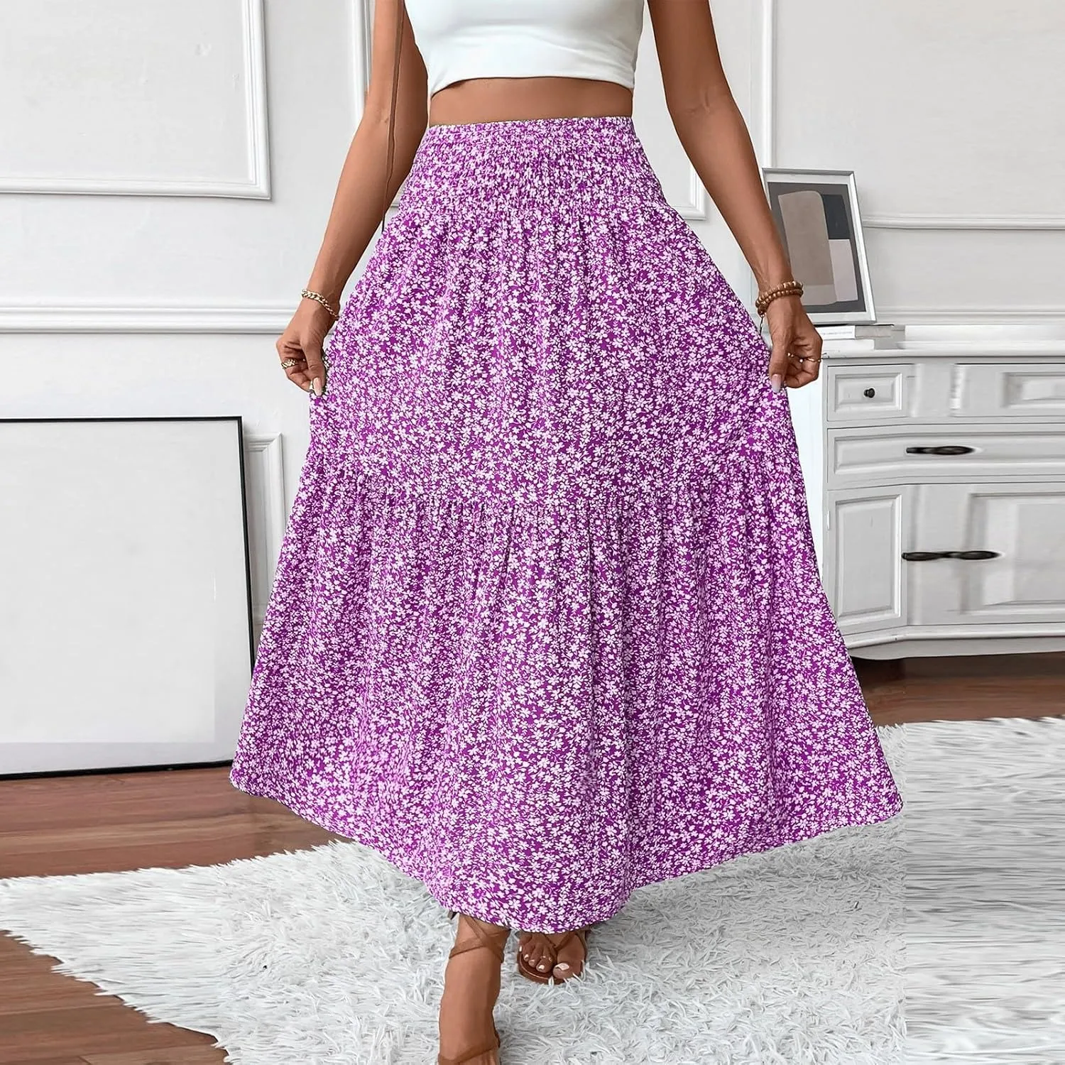Long Skirts for Women Trendy Summer Flowy Floral Maxi Skirt Lightweight Elastic Smocked High Waisted A Line Skirts