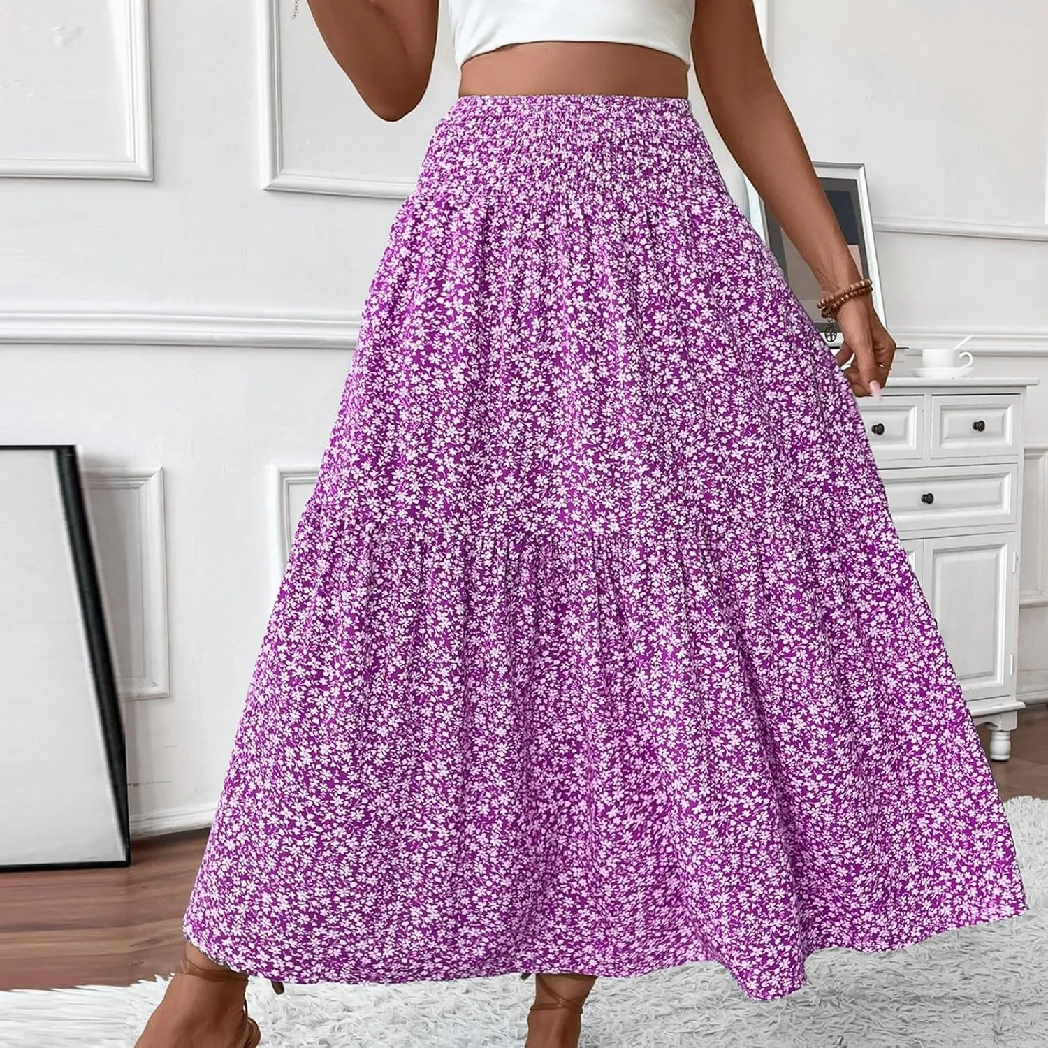 Long Skirts for Women Trendy Summer Flowy Floral Maxi Skirt Lightweight Elastic Smocked High Waisted A Line Skirts