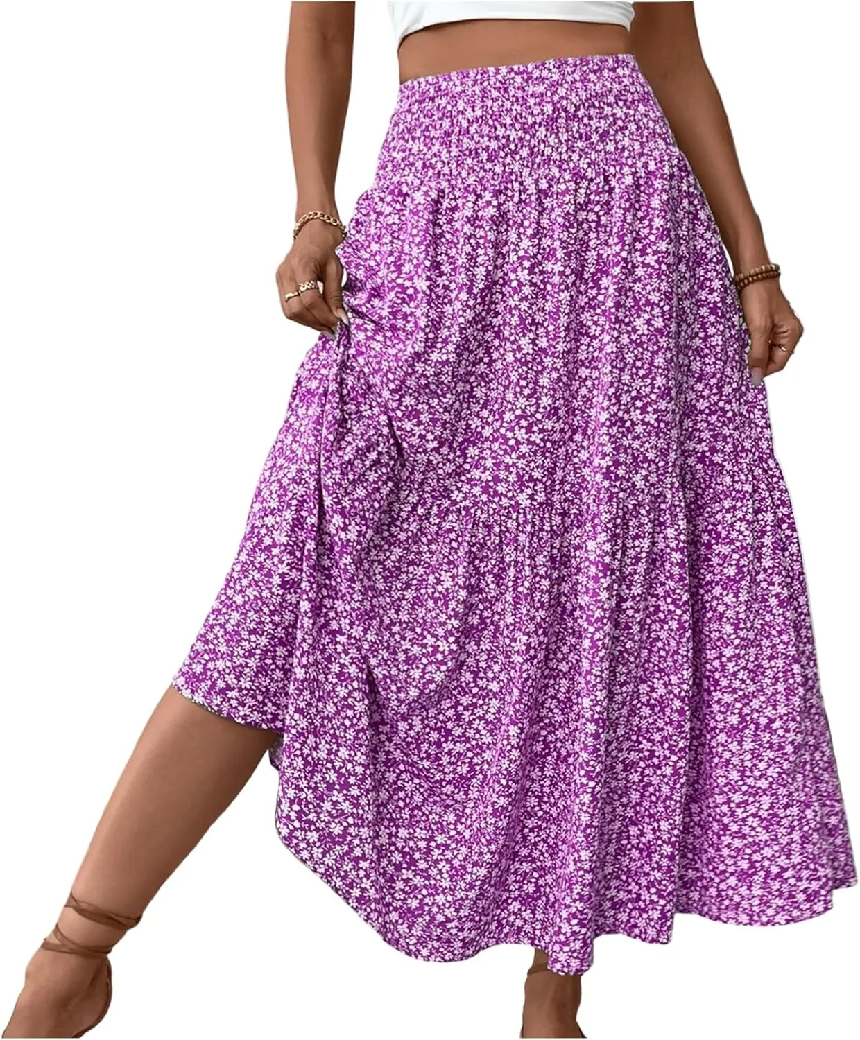 Long Skirts for Women Trendy Summer Flowy Floral Maxi Skirt Lightweight Elastic Smocked High Waisted A Line Skirts