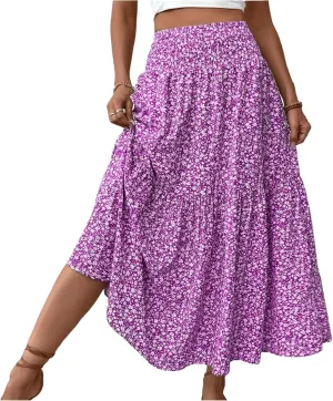 Long Skirts for Women Trendy Summer Flowy Floral Maxi Skirt Lightweight Elastic Smocked High Waisted A Line Skirts