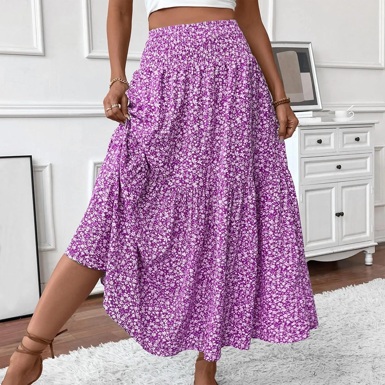 Long Skirts for Women Trendy Summer Flowy Floral Maxi Skirt Lightweight Elastic Smocked High Waisted A Line Skirts