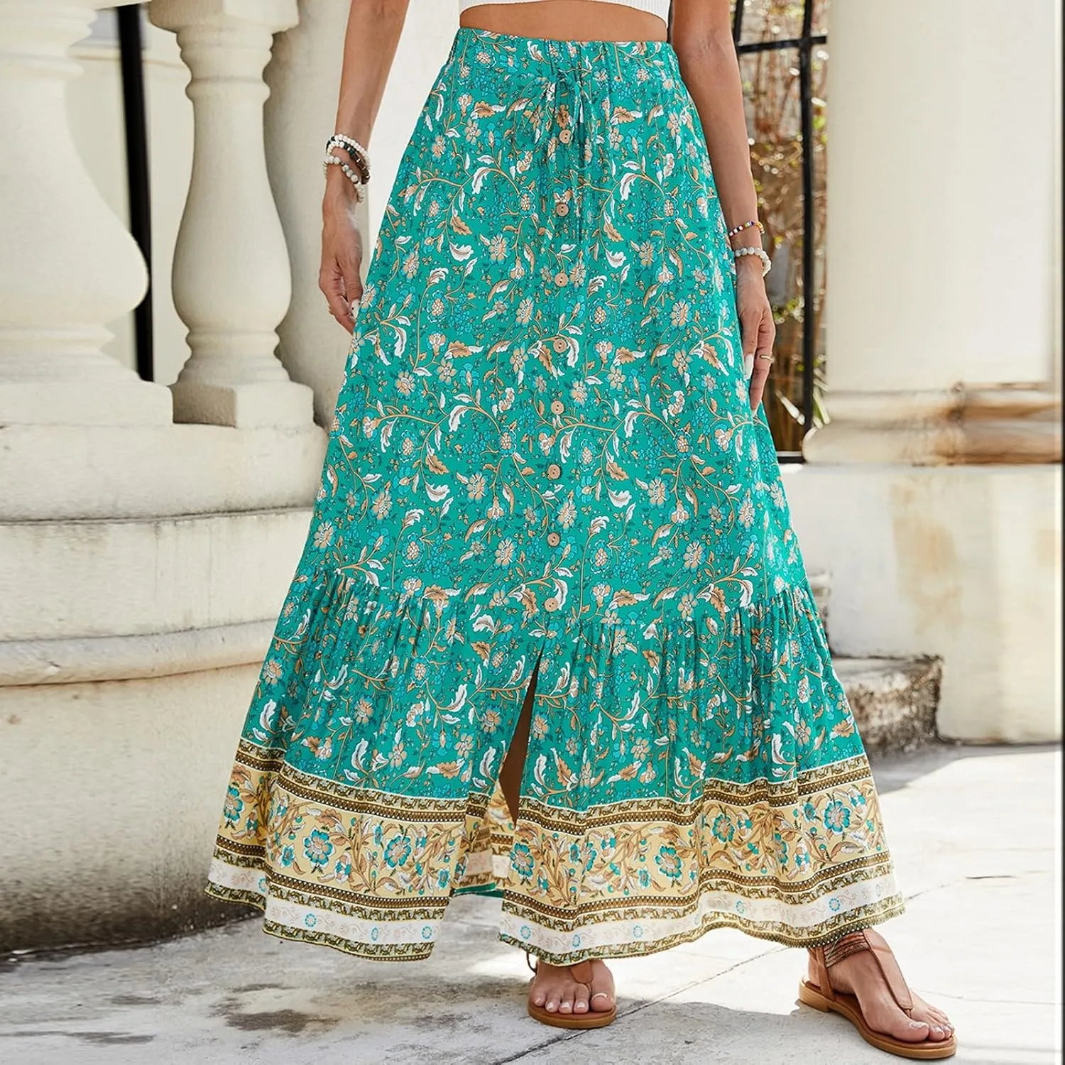 Long Skirts for Women,Beach Vacation Flowy Maxi Skirts 2025 Trendy Elastic Waist Boho Skirt Spring Summer Easter