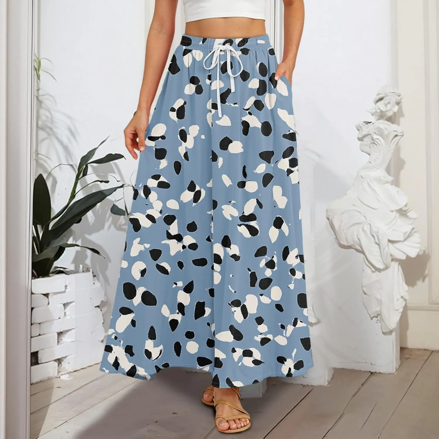 Maxi Floral Flare Skirts for Women 2025 Boho High Elastic Waist A Line Skirt Long Flowy Smocked Skort with Pockets