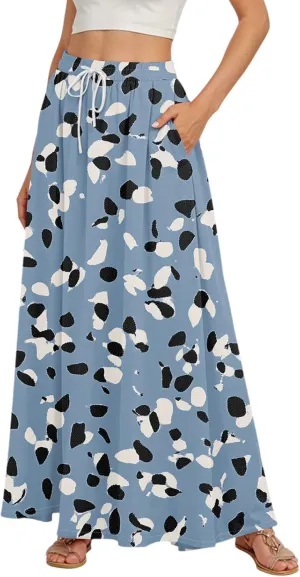 Maxi Floral Flare Skirts for Women 2025 Boho High Elastic Waist A Line Skirt Long Flowy Smocked Skort with Pockets