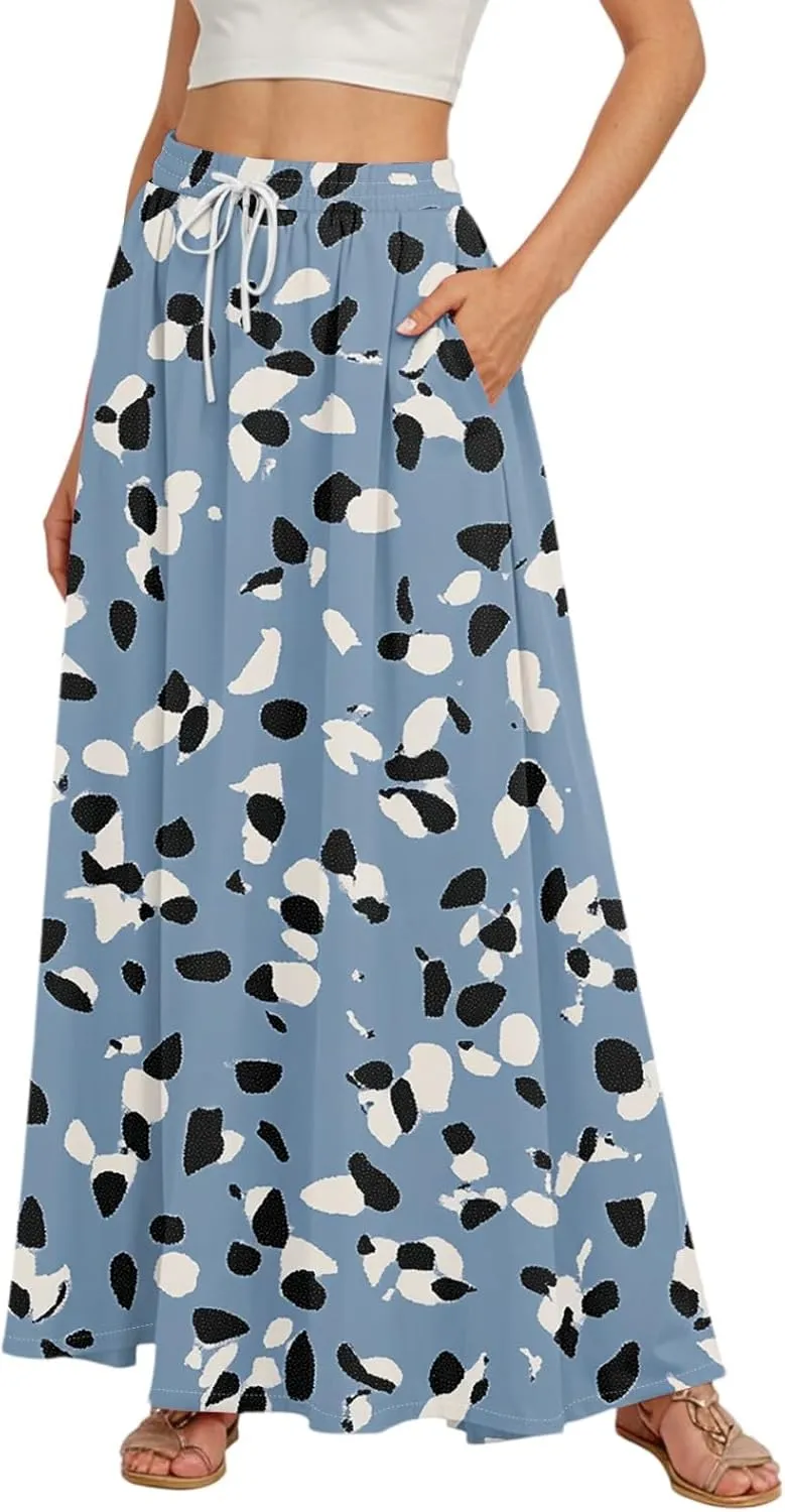 Maxi Floral Flare Skirts for Women 2025 Boho High Elastic Waist A Line Skirt Long Flowy Smocked Skort with Pockets