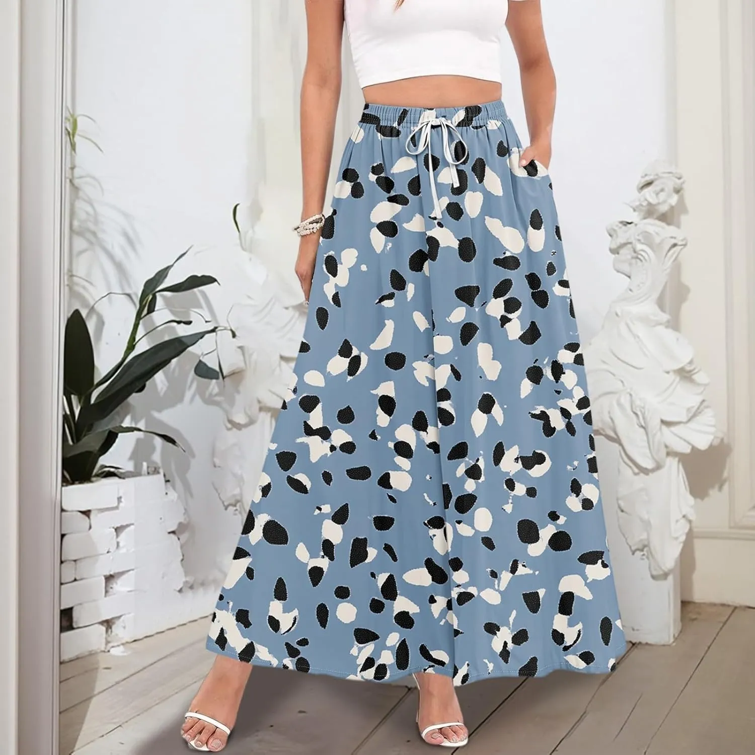 Maxi Floral Flare Skirts for Women 2025 Boho High Elastic Waist A Line Skirt Long Flowy Smocked Skort with Pockets
