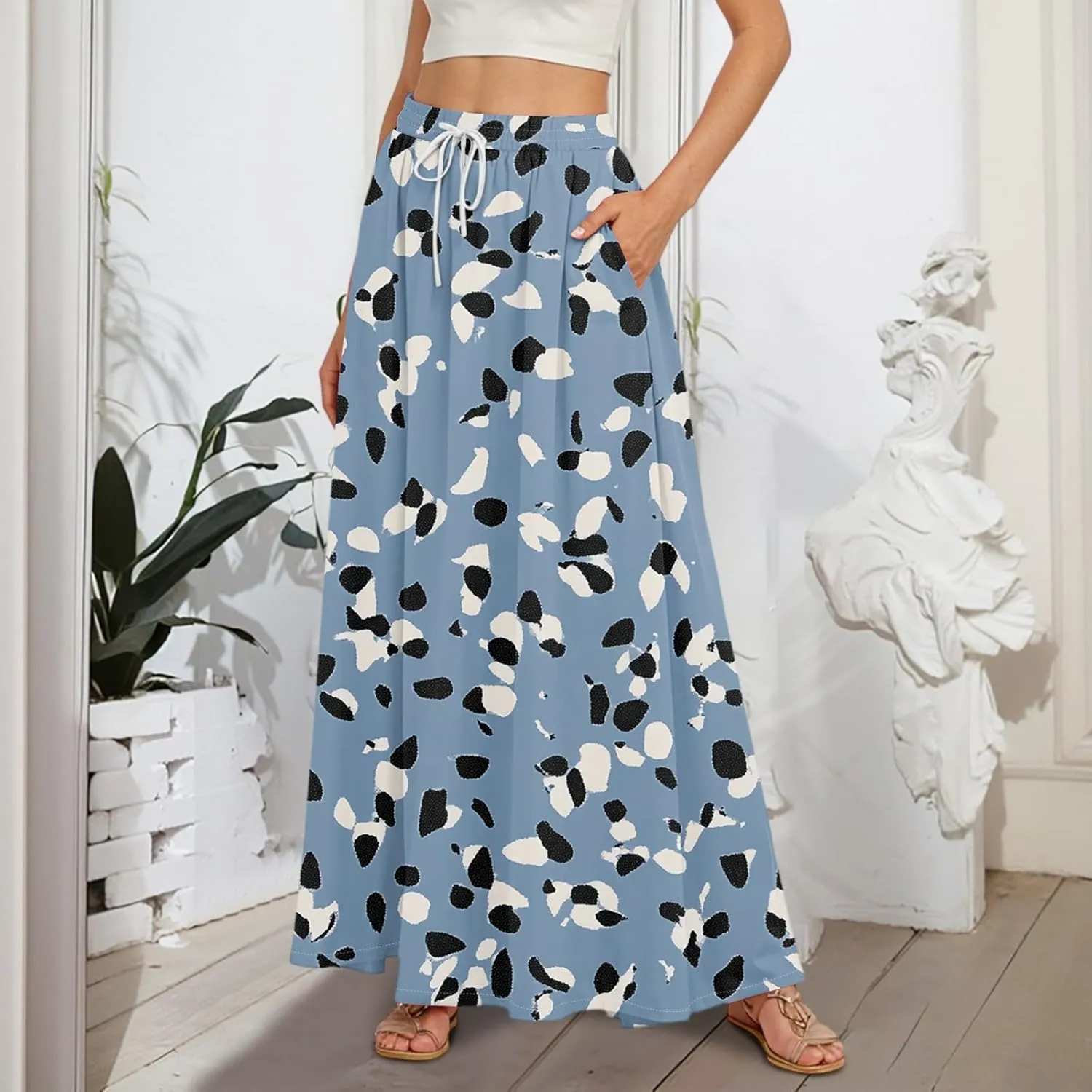 Maxi Floral Flare Skirts for Women 2025 Boho High Elastic Waist A Line Skirt Long Flowy Smocked Skort with Pockets