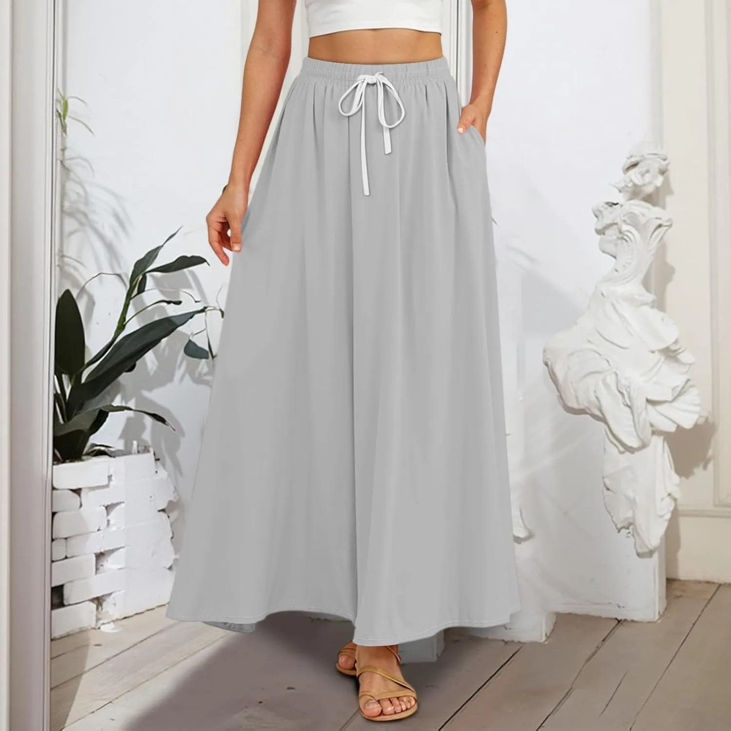 Maxi Floral Flare Skirts for Women 2025 Boho High Elastic Waist Long Flowy Smocked A Line Skirt Skort with Pockets
