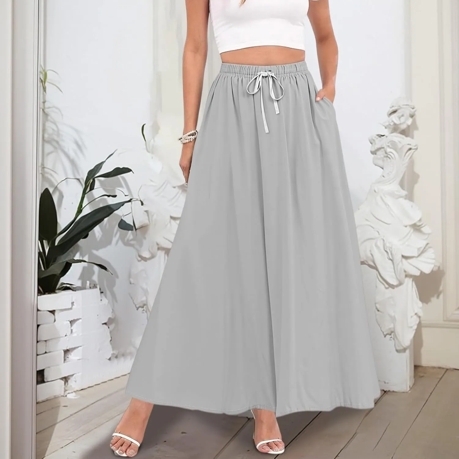 Maxi Floral Flare Skirts for Women 2025 Boho High Elastic Waist Long Flowy Smocked A Line Skirt Skort with Pockets