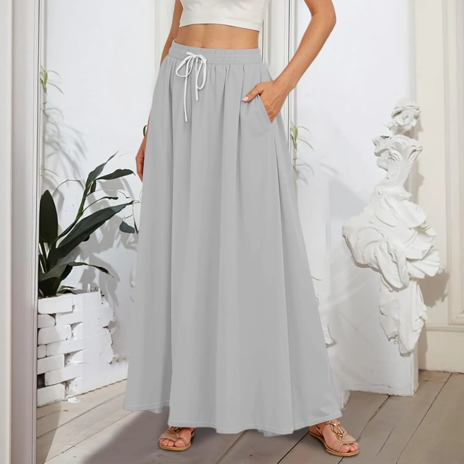 Maxi Floral Flare Skirts for Women 2025 Boho High Elastic Waist Long Flowy Smocked A Line Skirt Skort with Pockets