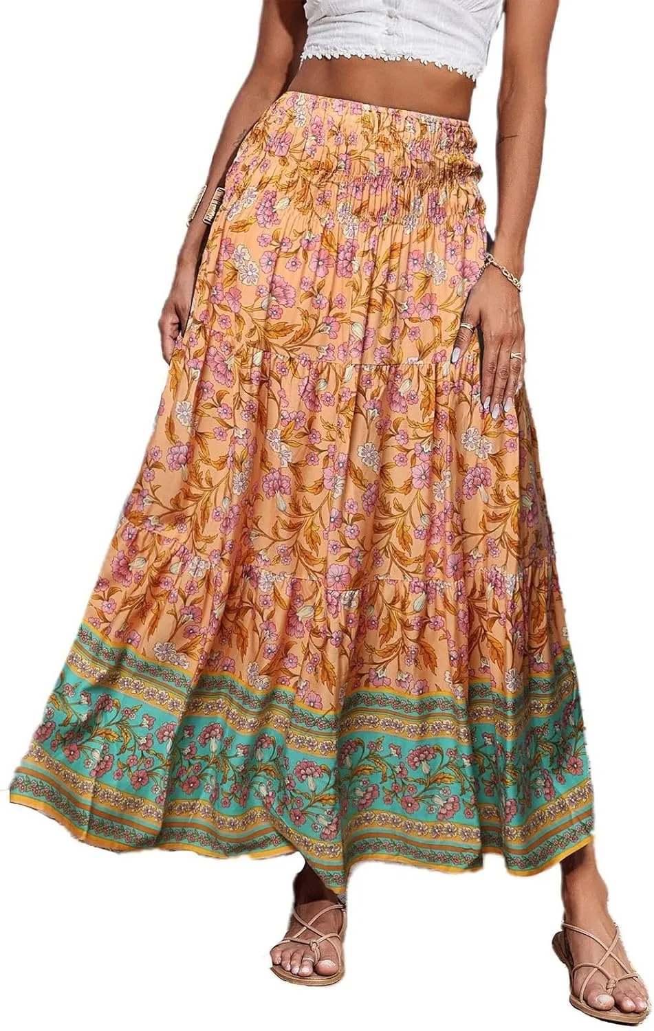 Maxi Skirt for Women Summer Layered Tiered High Waisted Beach Skirts Ruched A Line Skirts Fashion Skirt Long