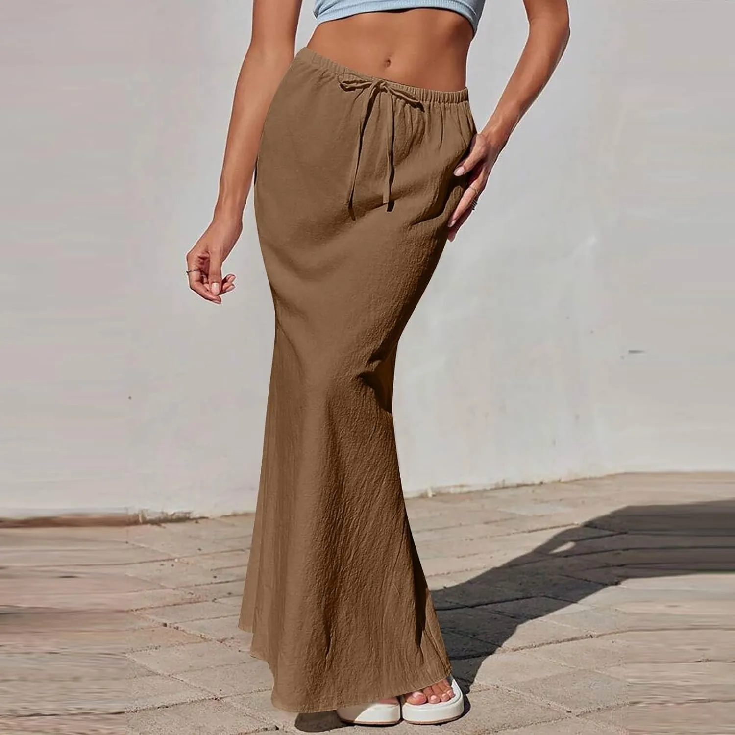 Maxi Skirt Women Trendy Summer Comfy Drawstring Waist Ankle-Length Skirts Cute Flared Maxi Skirt with Back Slit