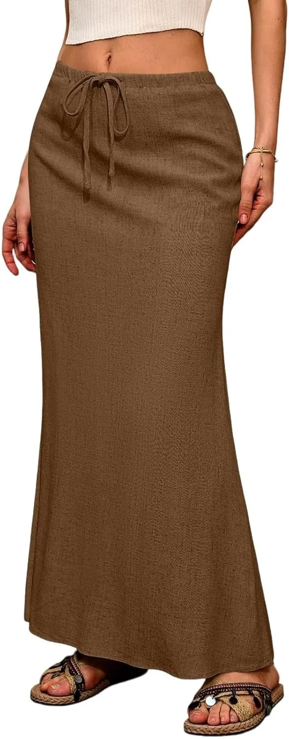 Maxi Skirt Women Trendy Summer Comfy Drawstring Waist Ankle-Length Skirts Cute Flared Maxi Skirt with Back Slit