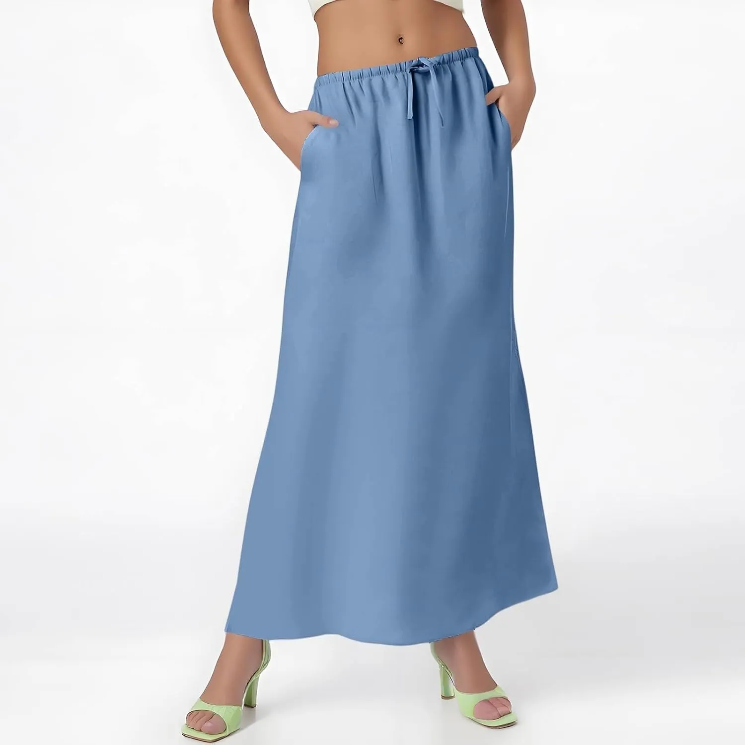 Maxi Skirt Women Trendy Summer Comfy Drawstring Waist Ankle-Length Skirts Cute Flared Maxi Skirt with Back Slit