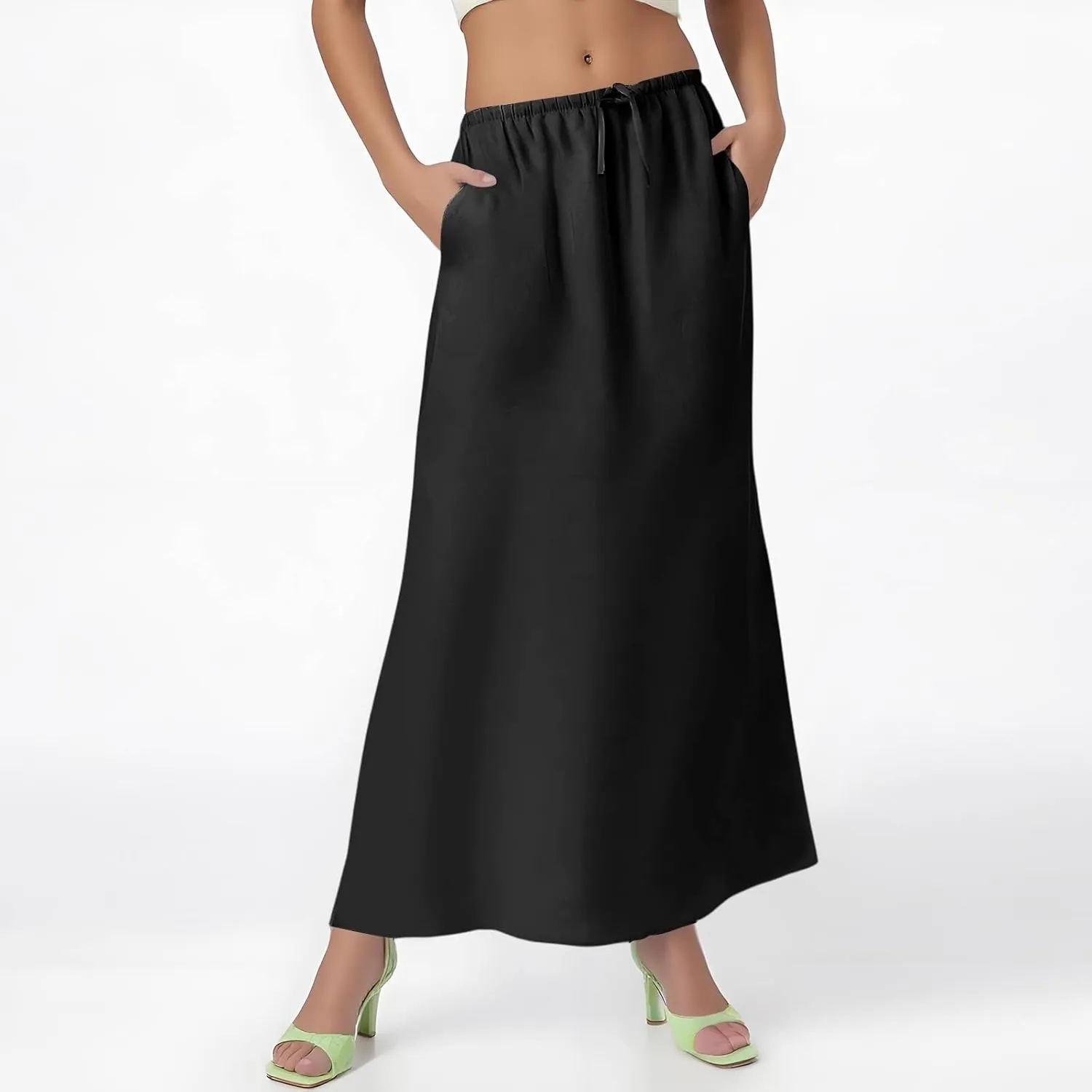 Maxi Skirt Women Trendy Summer Comfy Drawstring Waist Ankle-Length Skirts Cute Flared Maxi Skirt with Back Slit