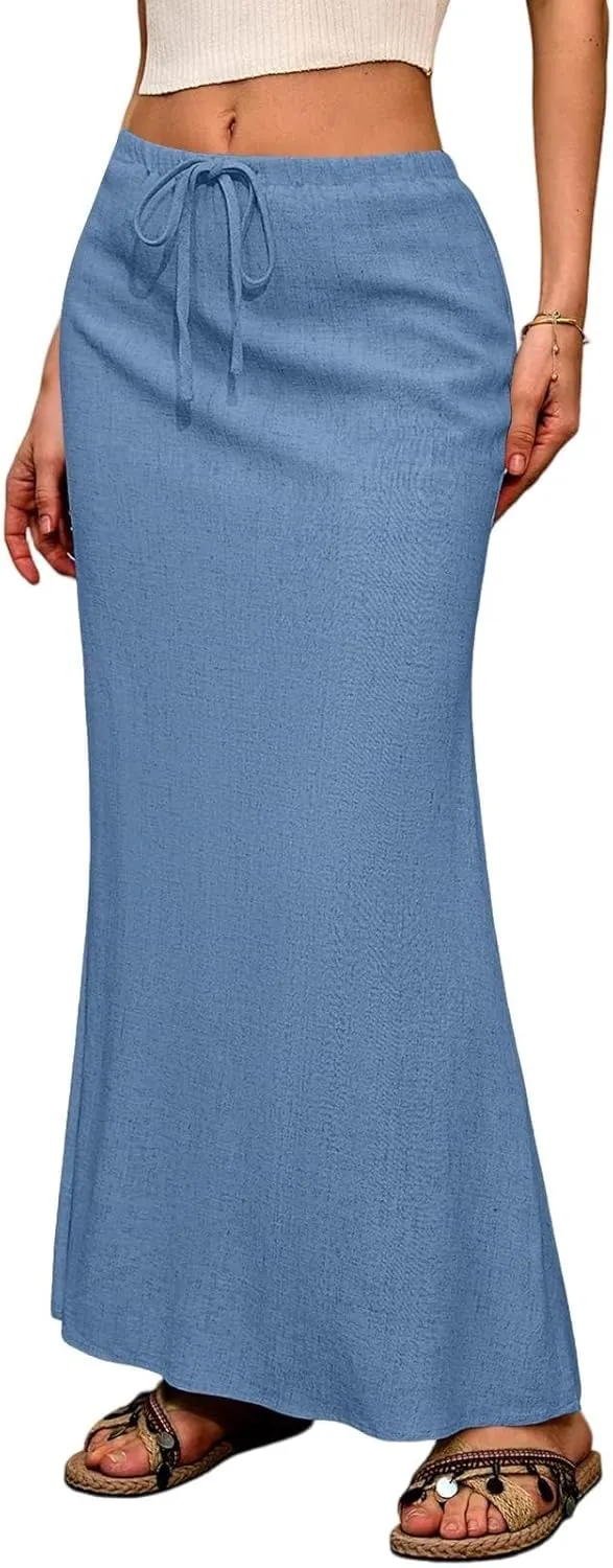 Maxi Skirt Women Trendy Summer Comfy Drawstring Waist Ankle-Length Skirts Cute Flared Maxi Skirt with Back Slit