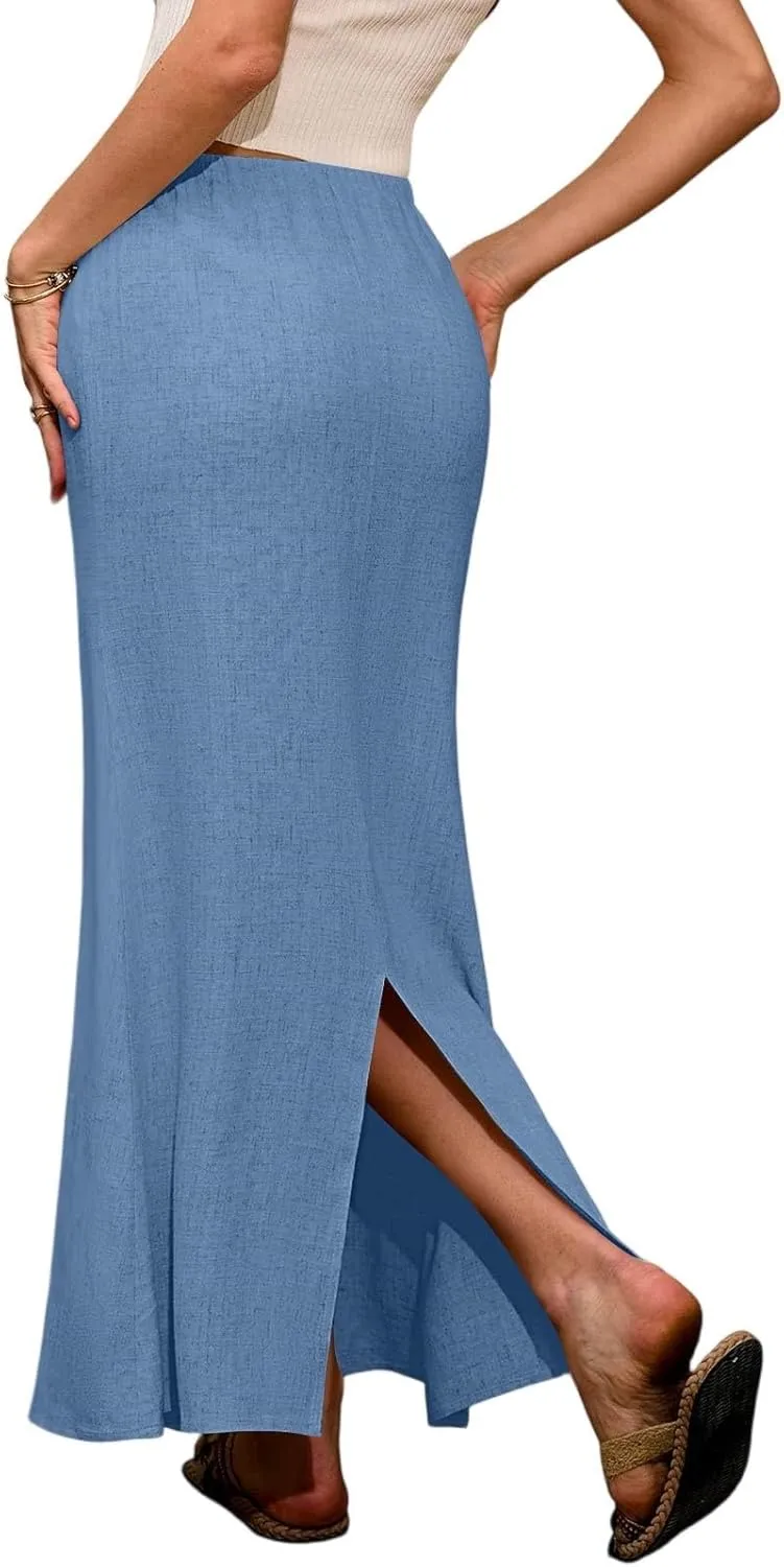Maxi Skirt Women Trendy Summer Comfy Drawstring Waist Ankle-Length Skirts Cute Flared Maxi Skirt with Back Slit