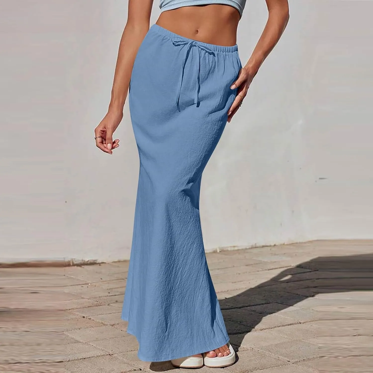 Maxi Skirt Women Trendy Summer Comfy Drawstring Waist Ankle-Length Skirts Cute Flared Maxi Skirt with Back Slit