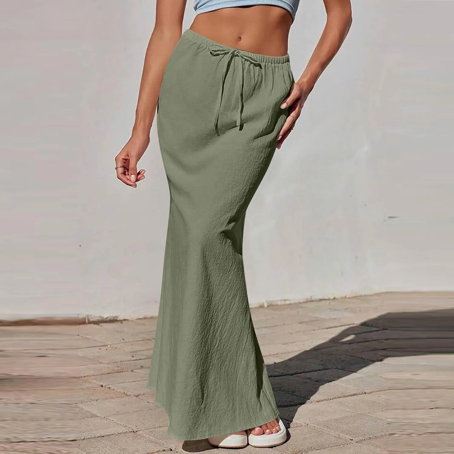 Maxi Skirt Women Trendy Summer Comfy Drawstring Waist Ankle-Length Skirts Cute Flared Maxi Skirt with Back Slit
