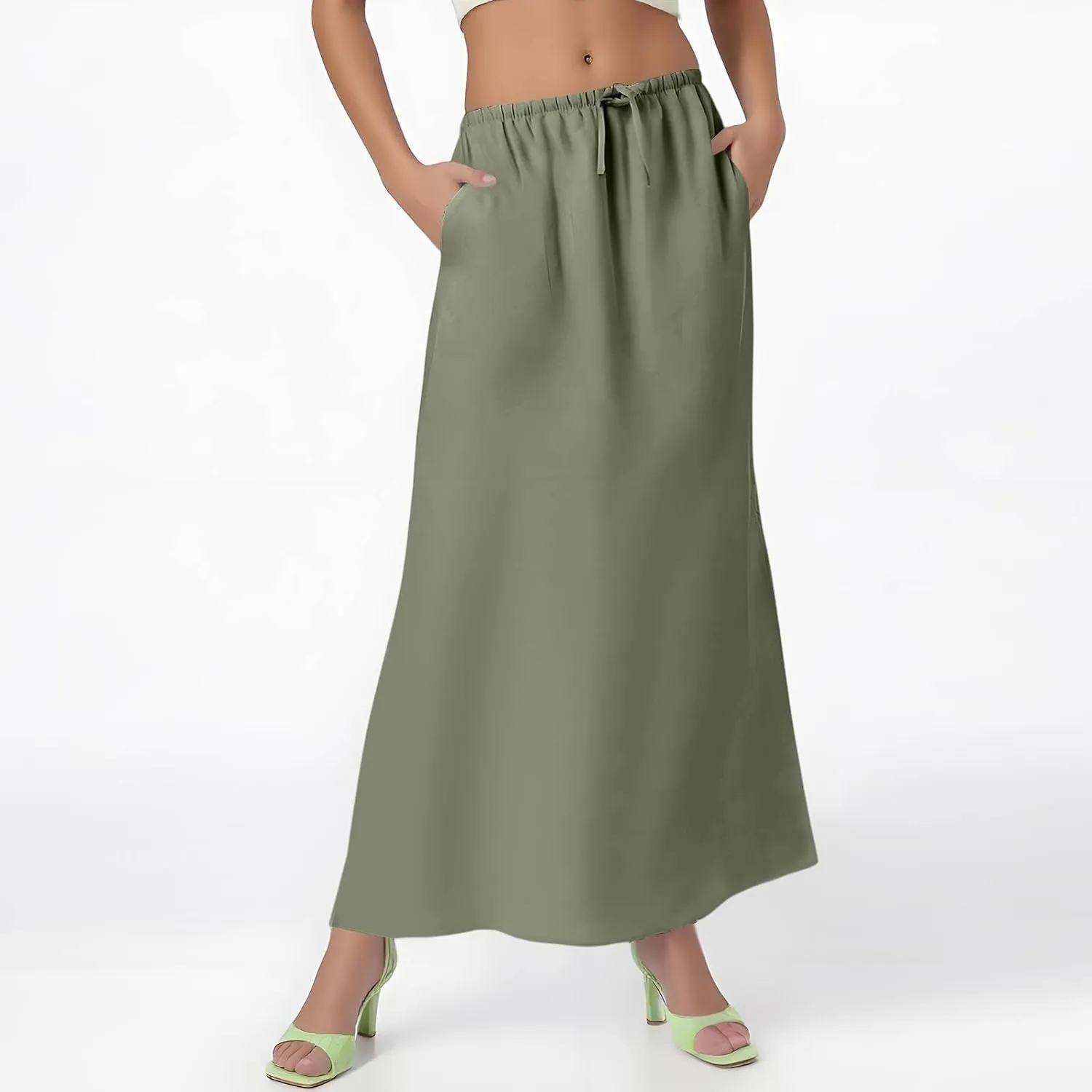 Maxi Skirt Women Trendy Summer Comfy Drawstring Waist Ankle-Length Skirts Cute Flared Maxi Skirt with Back Slit