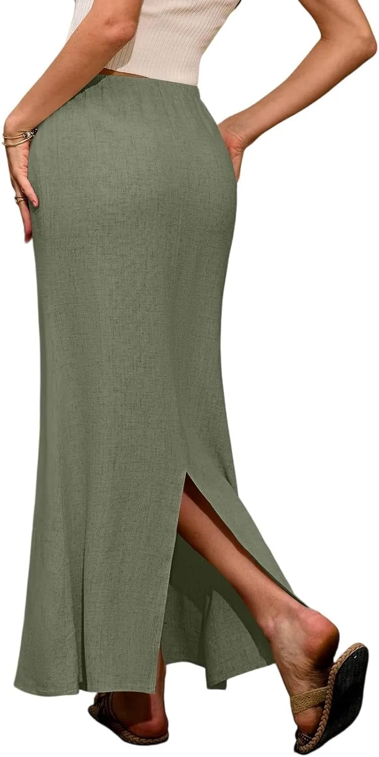 Maxi Skirt Women Trendy Summer Comfy Drawstring Waist Ankle-Length Skirts Cute Flared Maxi Skirt with Back Slit