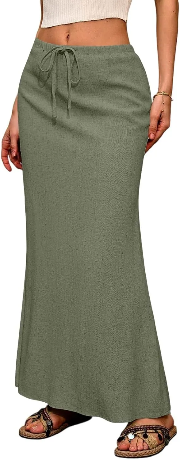 Maxi Skirt Women Trendy Summer Comfy Drawstring Waist Ankle-Length Skirts Cute Flared Maxi Skirt with Back Slit
