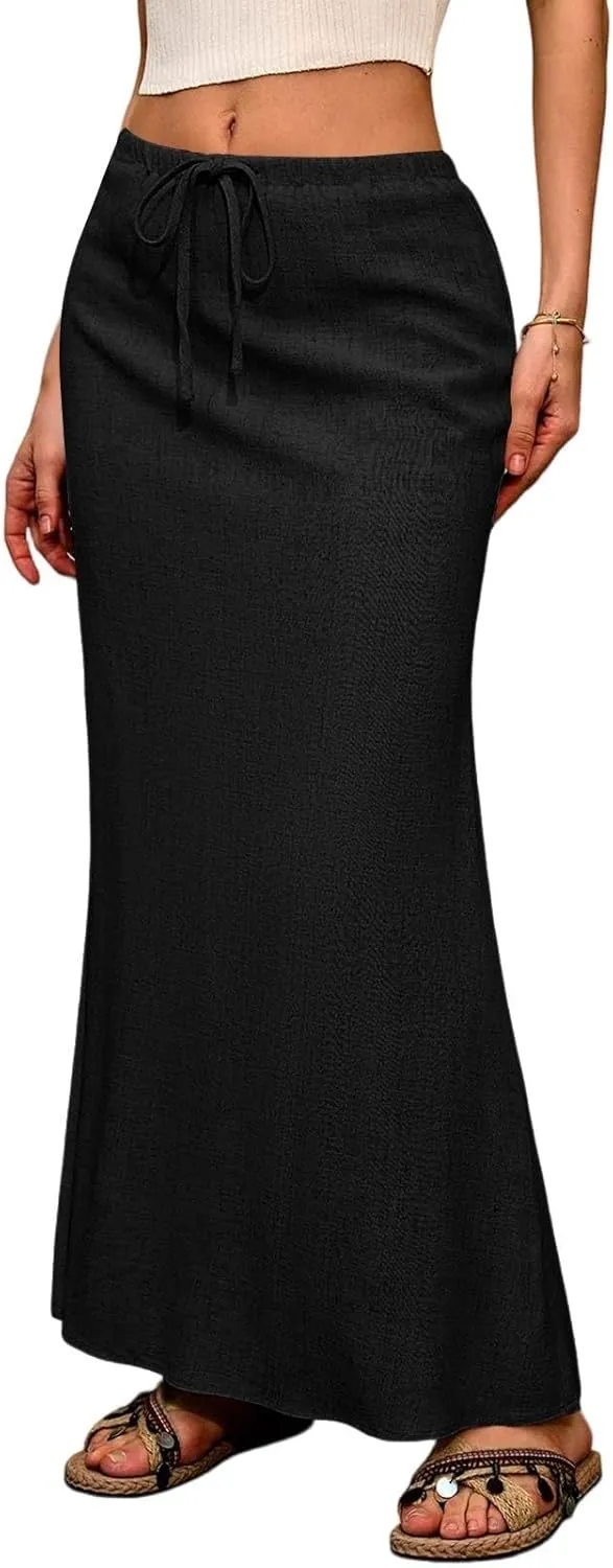 Maxi Skirt Women Trendy Summer Comfy Drawstring Waist Ankle-Length Skirts Cute Flared Maxi Skirt with Back Slit