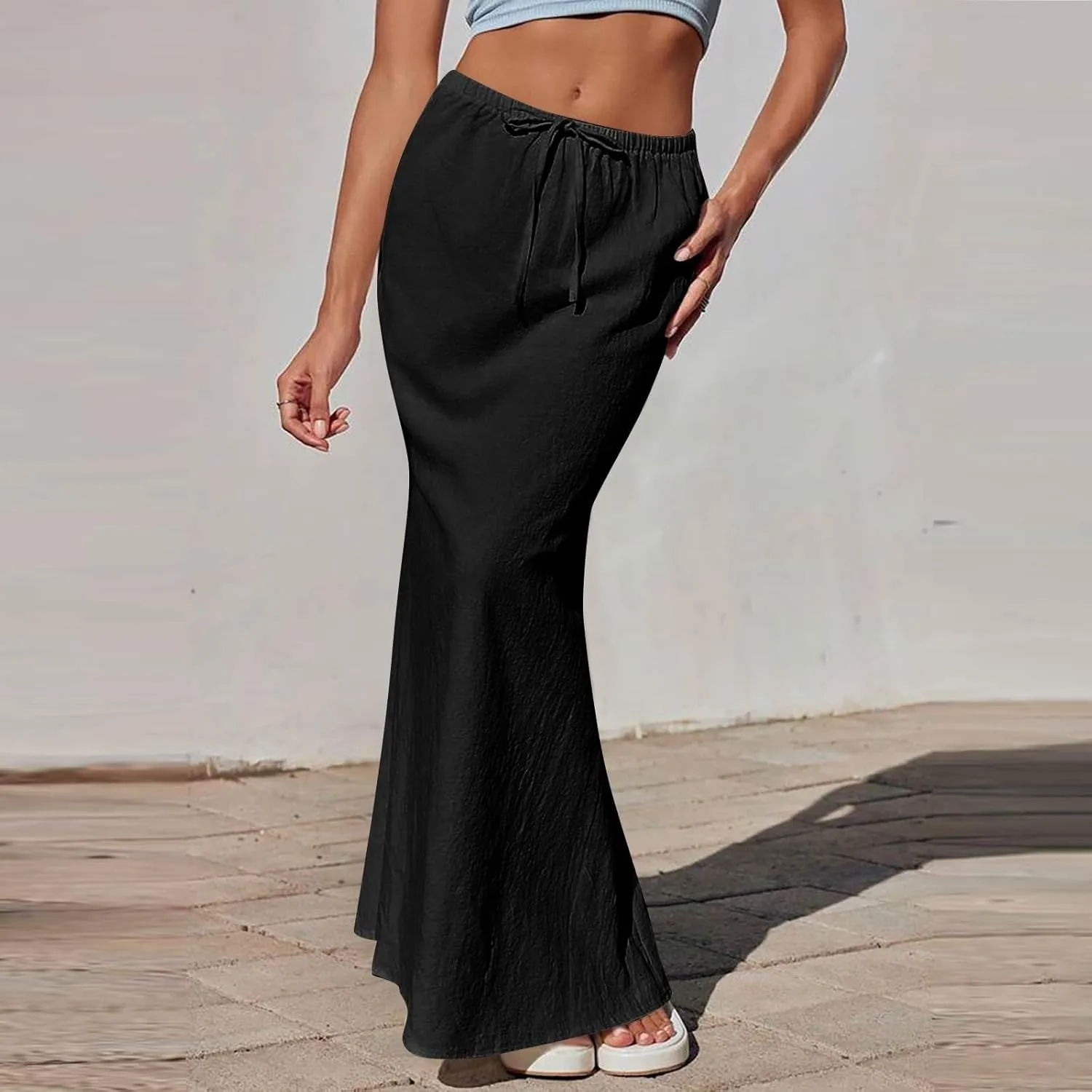 Maxi Skirt Women Trendy Summer Comfy Drawstring Waist Ankle-Length Skirts Cute Flared Maxi Skirt with Back Slit