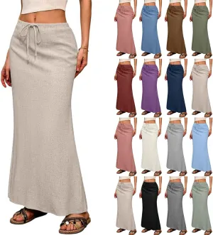 Maxi Skirt Women Trendy Summer Comfy Drawstring Waist Ankle-Length Skirts Cute Flared Maxi Skirt with Back Slit