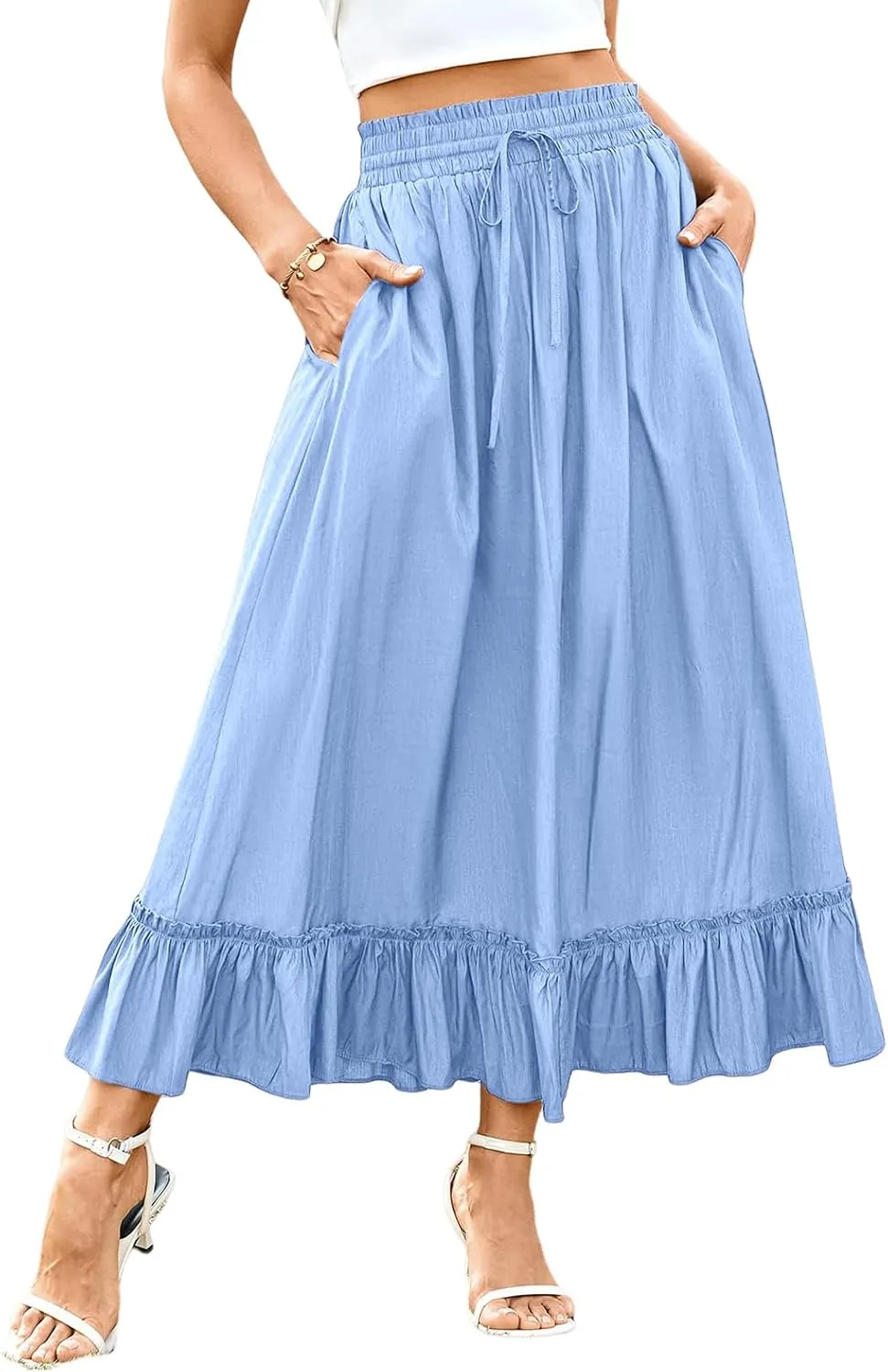 Maxi Skirts for Women 2025 Boho Tiered Elastic High Waisted Skirt Trendy Summer Pleated A-Line Flowy Skirts