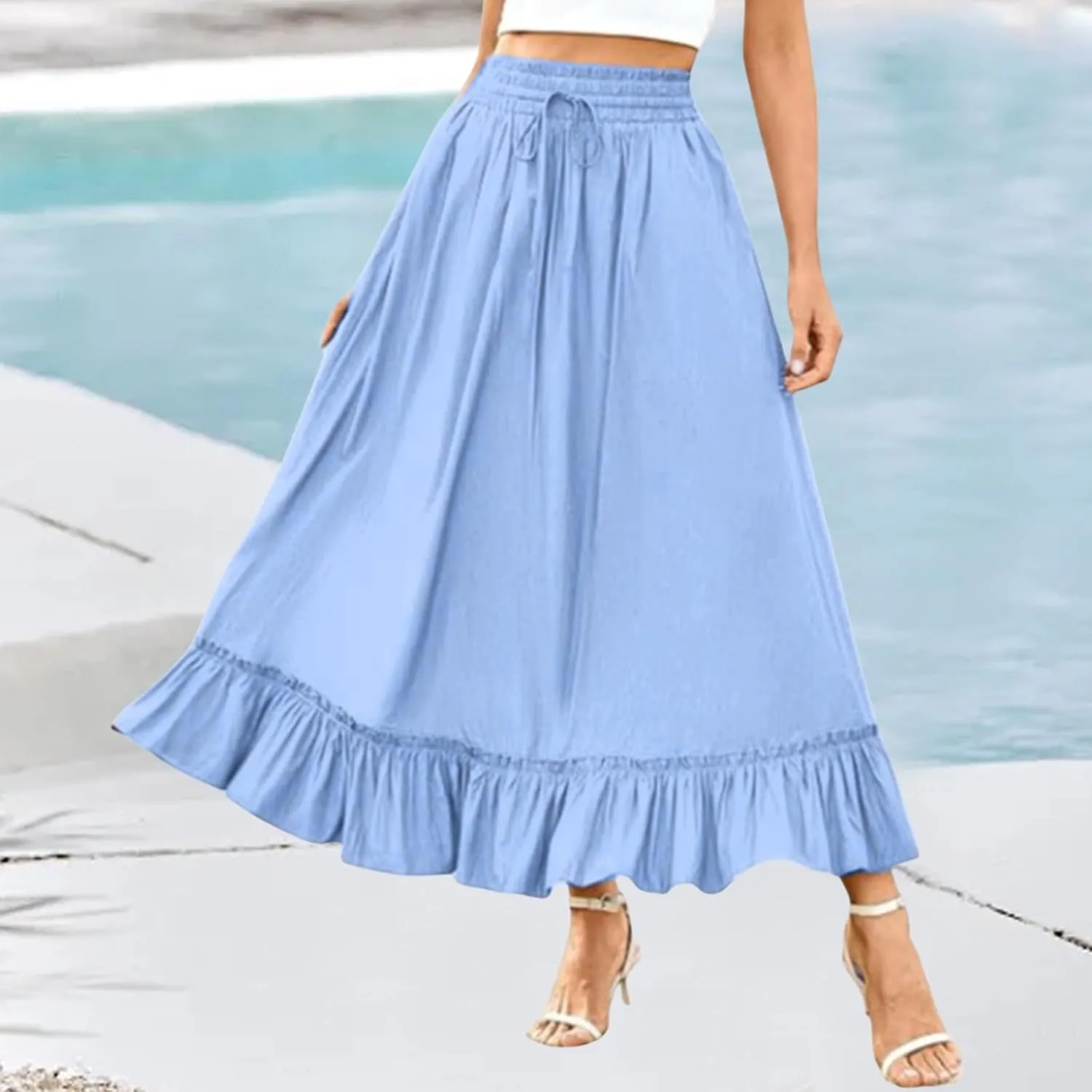 Maxi Skirts for Women 2025 Boho Tiered Elastic High Waisted Skirt Trendy Summer Pleated A-Line Flowy Skirts