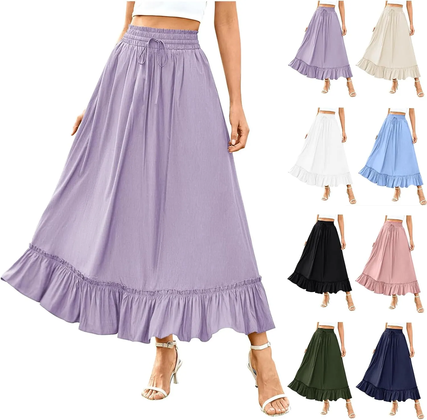 Maxi Skirts for Women 2025 Boho Tiered Elastic High Waisted Skirt Trendy Summer Pleated A-Line Flowy Skirts