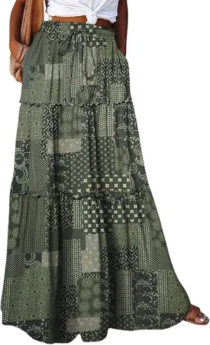 Maxi Skirts for Women 2025 Summer Beach Boho Casual High Waist Tie Paisley Print Tiered Long Skirt with Pockets