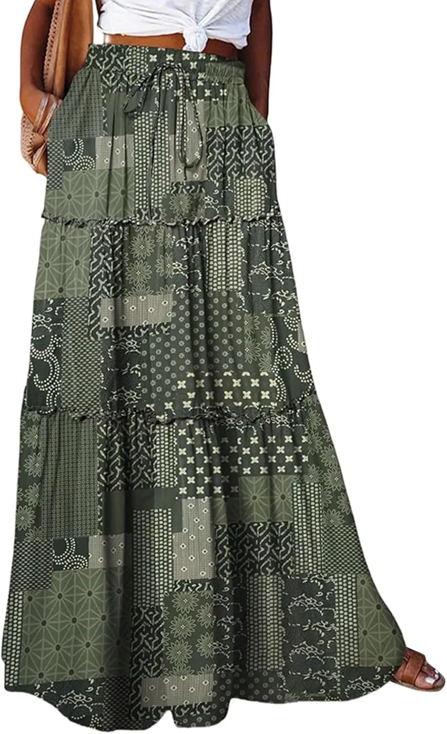 Maxi Skirts for Women 2025 Summer Beach Boho Casual High Waist Tie Paisley Print Tiered Long Skirt with Pockets