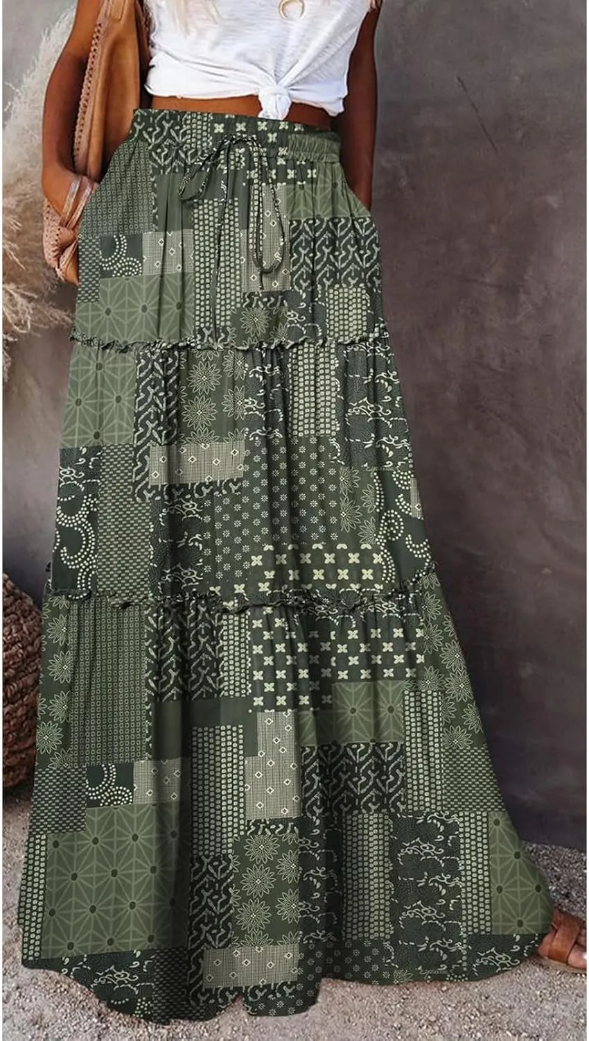 Maxi Skirts for Women 2025 Summer Beach Boho Casual High Waist Tie Paisley Print Tiered Long Skirt with Pockets