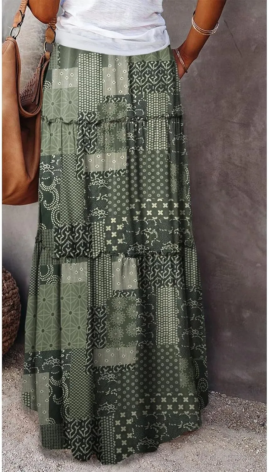 Maxi Skirts for Women 2025 Summer Beach Boho Casual High Waist Tie Paisley Print Tiered Long Skirt with Pockets