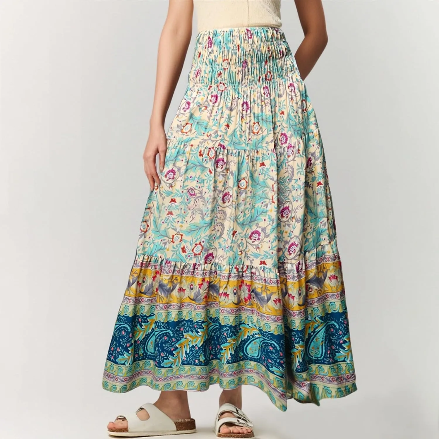 Maxi Skirts for Women 2025 Summer Drawstring High Waisted A-Line Skirts Work Layered Tiered Smocked Skirt Long