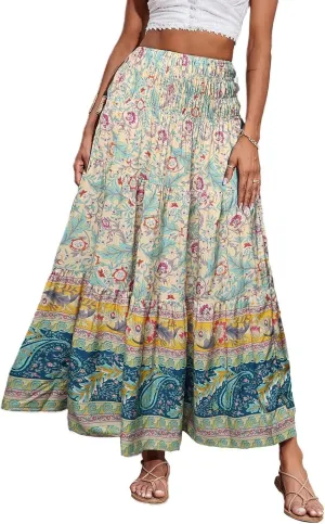 Maxi Skirts for Women 2025 Summer Drawstring High Waisted A-Line Skirts Work Layered Tiered Smocked Skirt Long