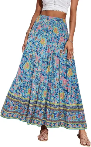 Maxi Skirts for Women 2025 Summer Drawstring High Waisted A-Line Skirts Work Layered Tiered Smocked Skirt Long