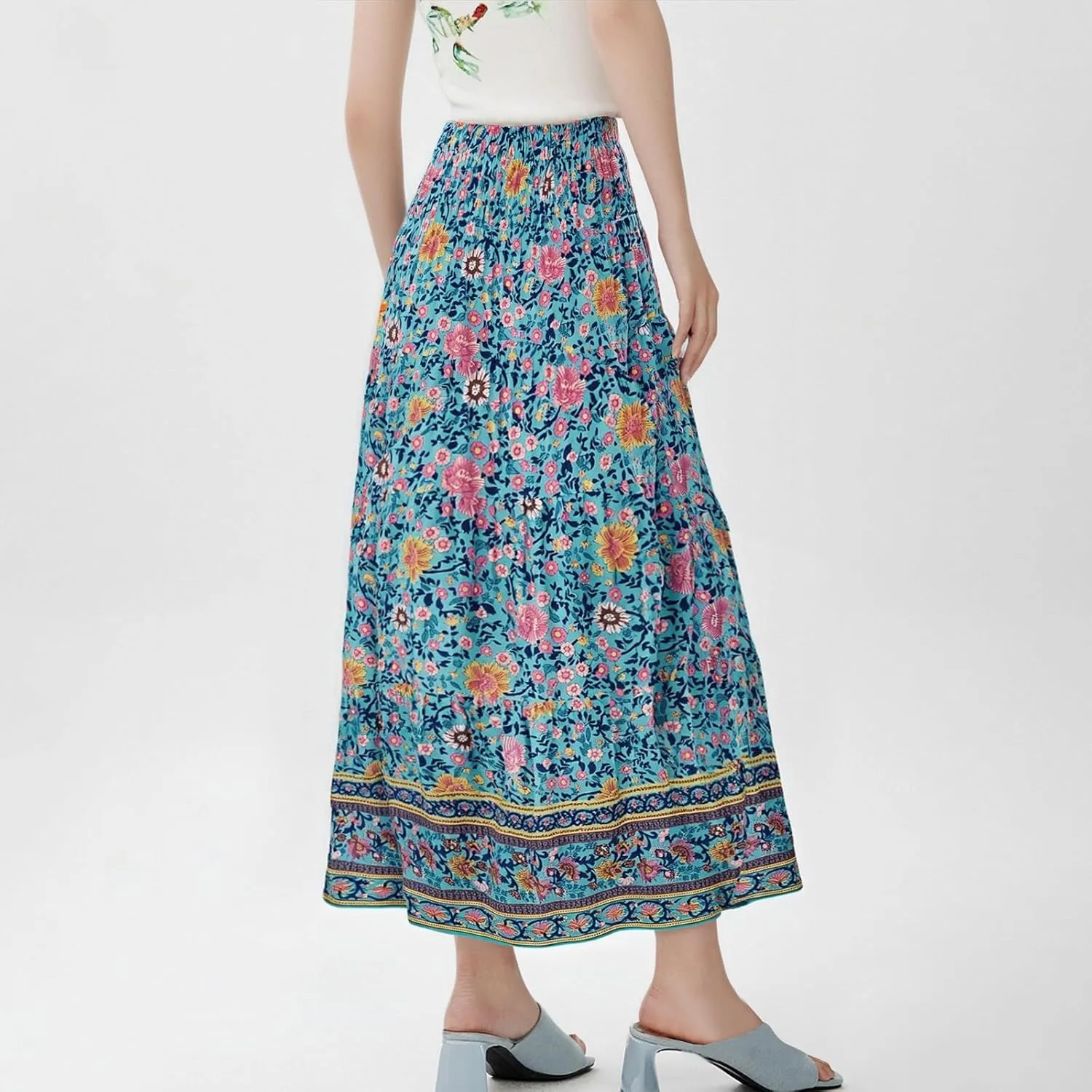Maxi Skirts for Women 2025 Summer Drawstring High Waisted A-Line Skirts Work Layered Tiered Smocked Skirt Long
