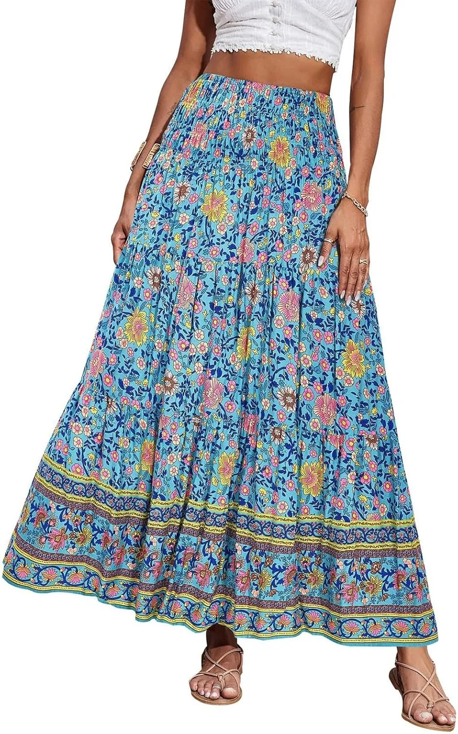 Maxi Skirts for Women 2025 Summer Drawstring High Waisted A-Line Skirts Work Layered Tiered Smocked Skirt Long