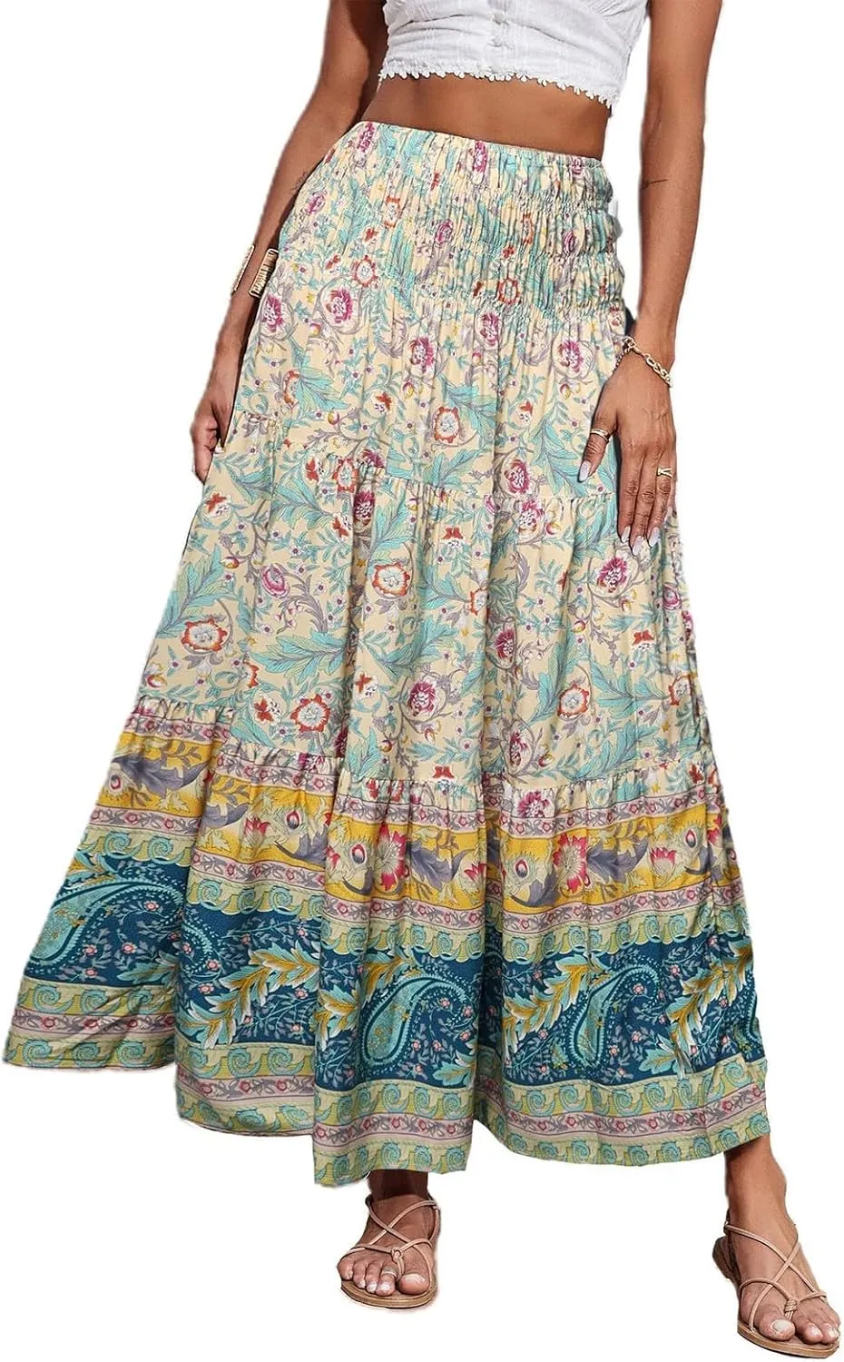 Maxi Skirts for Women 2025 Summer Drawstring High Waisted A-Line Skirts Work Layered Tiered Smocked Skirt Long