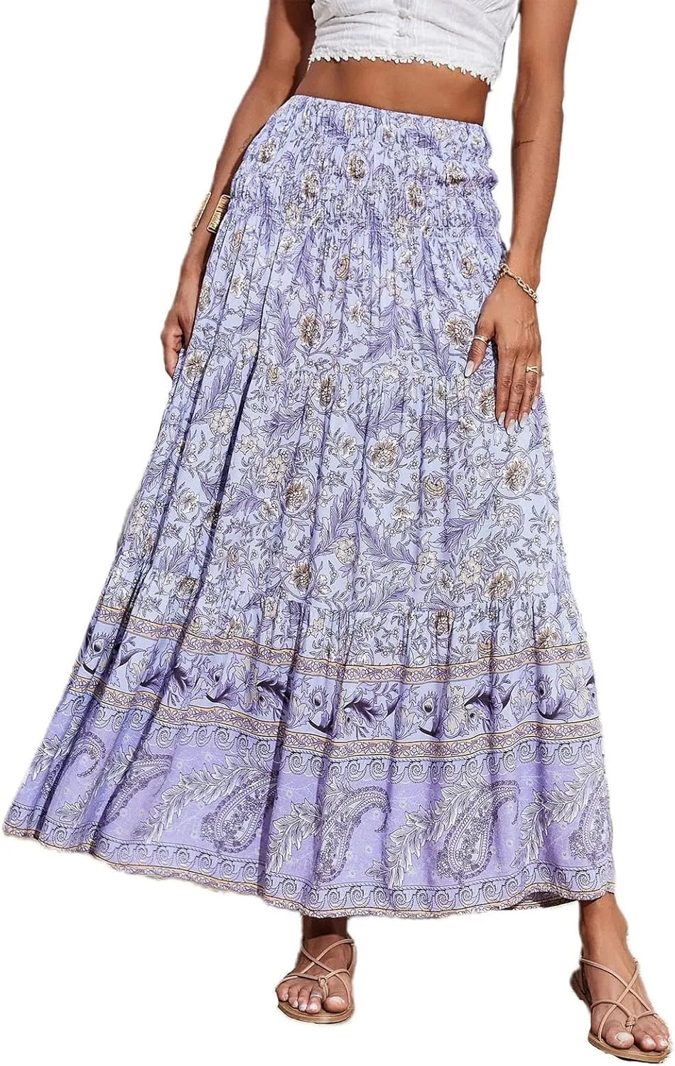 Maxi Skirts for Women 2025 Summer Drawstring High Waisted A-Line Skirts Work Layered Tiered Smocked Skirt Long